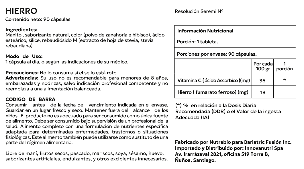 Hierro Bariatric Fusión sabor a Sandía y Berry 18 mg.  Rápida disolución  90 pastillas